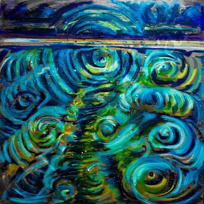 Vibrant blue, turquoise, and green abstract artwork with concentric swirling forms