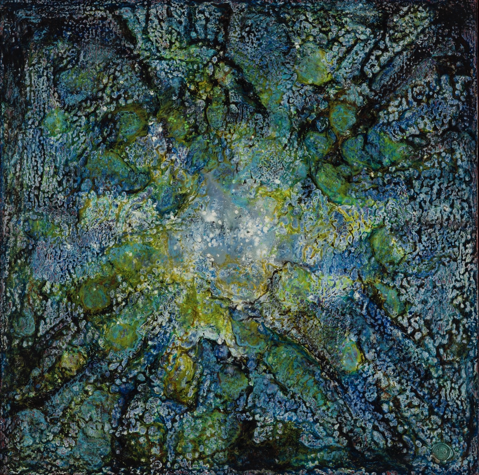 Intricately textured abstract artwork in blue, turquoise, green, and white