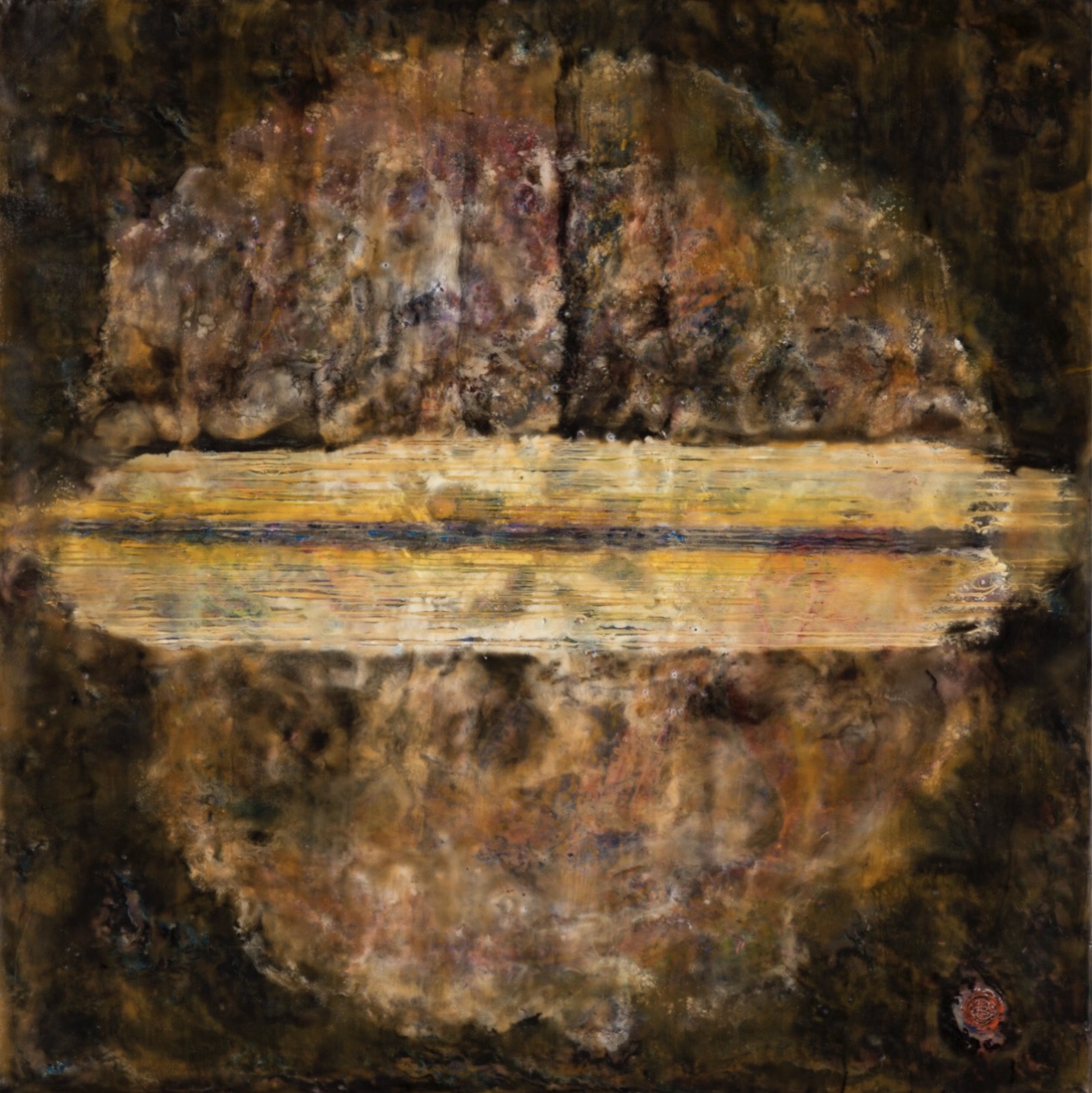 Earth-toned abstract artwork with a luminous horizontal band of gold and amber