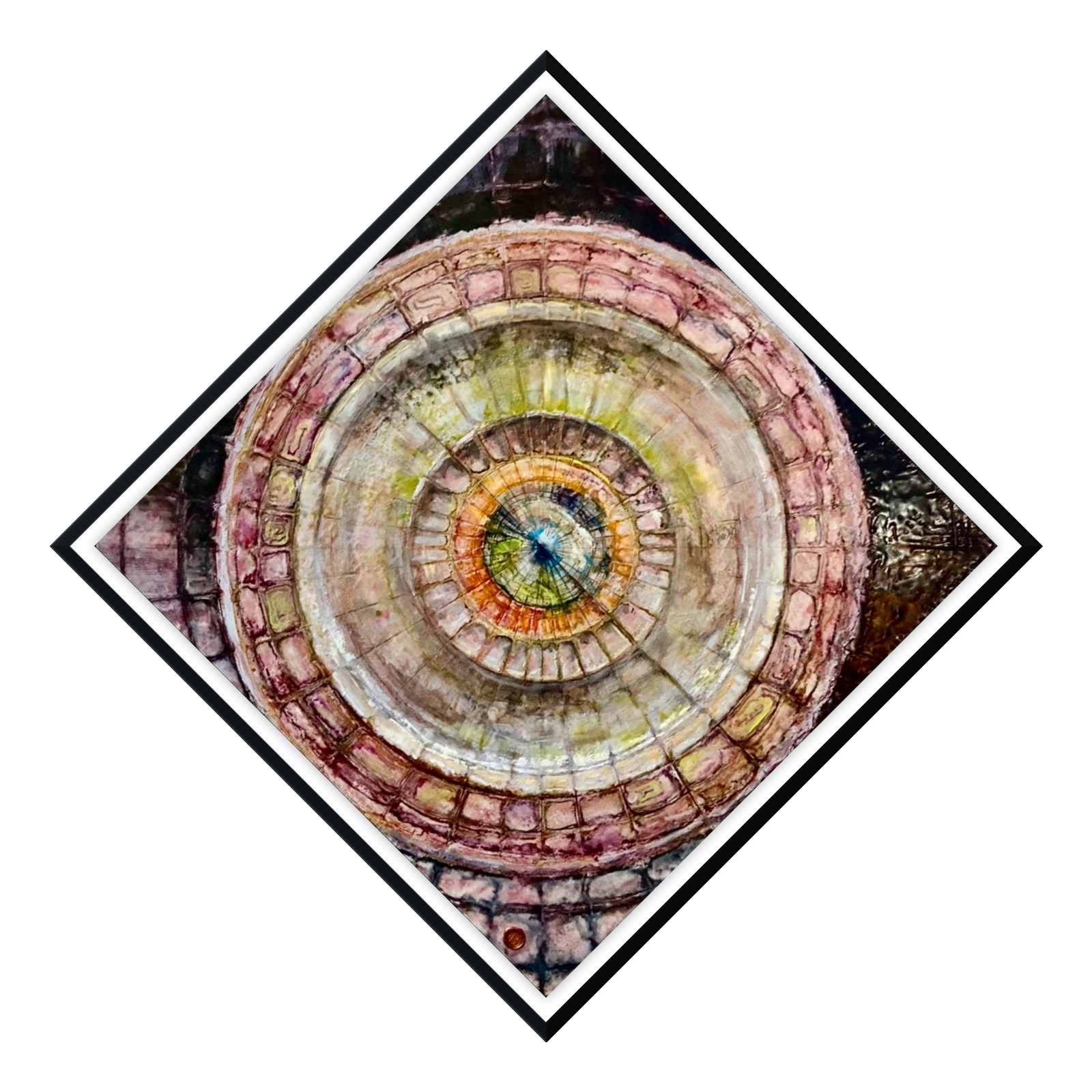 Gayle Barklie's concentric encaustic painting, rotated into a diamond and mounted within a near-black ironwood floating frame with a one-inch reveal